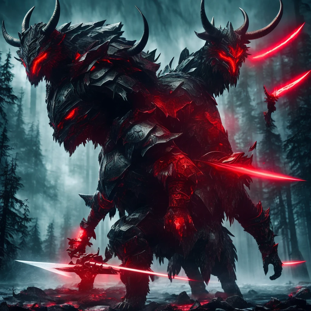 Giant beastly creature, humanoid creature with horns,neon red eyes, forest with ice landscape, warrior facing the creature, warrior with a long sword,dark sky full of stars, 8 k quality, super high quality