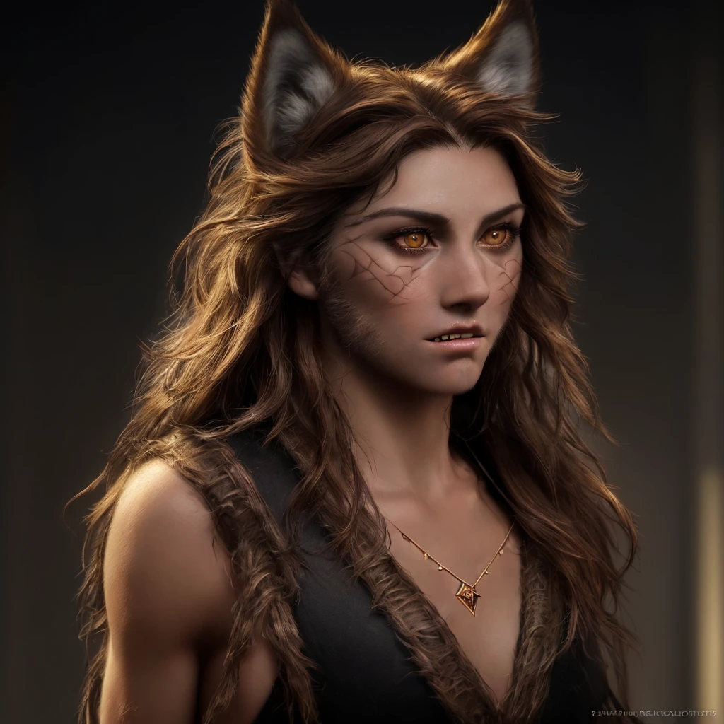 renaissance style, perfect composition, ((Extremely realistic)) ((Extremely detailed)) ((anatomically correct)) full body portrait of a (Cocky) ((tanned skin)) young 25-year-old (((wolf-woman))) with ((Wolf ears)) (((Thick brown sideburn whiskers))) ((visible fangs)) and (((angular diamond-shaped face))), (((unkempt medium-length shaggy brown hair))), wearing (((loose black tunic))), (Dynamic pose), black background, greg rutkowski, Robert Oxley, concept art, vfx, intricate, 8k resolution, hyperrealistic, full body shot, complex, textured, trending on /r/art, octane render, fantasy, medieval, very beautiful, hard lighting, epic, powerful, rule of thirds, -ar 16:9, -stylize 60000, -quality 5, high detail, chiaroscuro, atmospheric perspective, UHD, anatomically correct, 8k