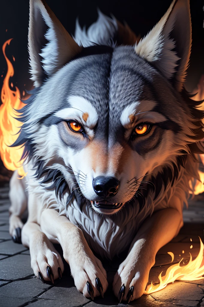 (Extremely detailed wallpaper of a wolf on fire in 8k),(work of art), (best qualityer), (ultra detali), (Best illustration),(melhor ombre), (ombre, detailedeyes:1.1), (stone floor background in burning mountain:1.2), ,break , mod3, to use as a profile, angry expression and growling, no blue fire, show image background, without human hands