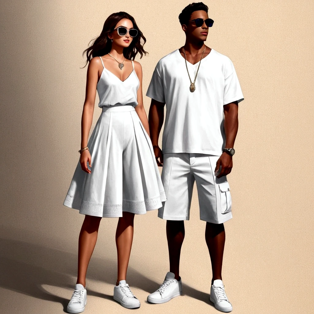 candid fashion illustration of young man and woman, both aged 20 year old, ((showcase fashion in a White cotton-rayon outfits)),  inspired by JACQUARD's spring-summer collection in elegant luxury style, The man wears an oversized short-sleeved white shirt with a sporty details, paired with relaxed-fit white Sports Shorts with semi hard bulge, He completes his look with white sneakers and sunglasses. The woman complements him in Ankle-length dress in white, featuring a deep V-neckline and spaghetti shoulder straps, with Gathered detail tiers down the skirt and hem, Her ensemble includes an accessorizes white sneakers and full of necklace. Captured in a low angle, ((full-body image)), (full-body pose)), ((paper material background)), realistic charcoal lines, imperfect drawing, charcoal lines, fading sketch, quick Sketch, (Eddie Mauro-mix), 