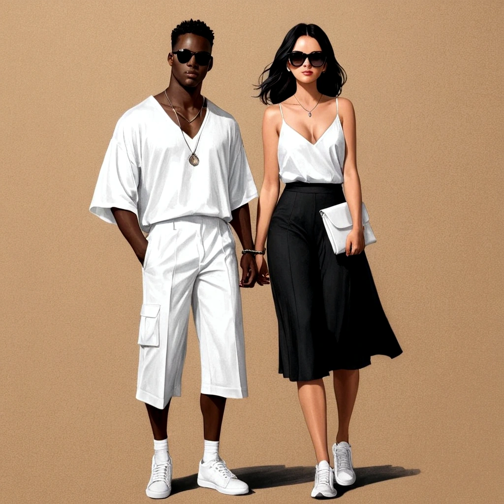 candid fashion illustration of young man and woman, both aged 20 year old, ((showcase fashion in a White cotton-rayon outfits)),  inspired by JACQUARD's spring-summer collection in elegant luxury style, The man wears an oversized short-sleeved white shirt with a sporty details, paired with relaxed-fit white Sports Shorts with semi hard bulge, He completes his look with white sneakers and sunglasses. The woman complements him in Ankle-length dress in white, featuring a deep V-neckline and spaghetti shoulder straps, with Gathered detail tiers down the skirt and hem, Her ensemble includes an accessorizes white sneakers and full of necklace. Captured in a low angle, ((full-body image)), (full-body pose)), ((paper material background)), realistic charcoal lines, imperfect drawing, charcoal lines, fading sketch, quick Sketch, (Eddie Mauro-mix), 