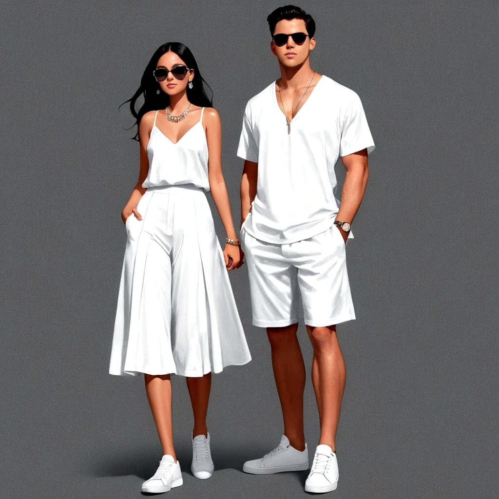 candid fashion illustration of young man and woman, both aged 20 year old, ((showcase fashion in a White cotton-rayon outfits)),  inspired by JACQUARD's spring-summer collection in elegant luxury style, The man wears an oversized short-sleeved white shirt with a sporty details, paired with relaxed-fit white Sports Shorts with semi hard bulge, He completes his look with white sneakers and sunglasses. The woman complements him in Ankle-length dress in white, featuring a deep V-neckline and spaghetti shoulder straps, with Gathered detail tiers down the skirt and hem, Her ensemble includes an accessorizes white sneakers and full of necklace. Captured in a low angle, ((full-body image)), (full-body pose)), ((paper material background)), realistic charcoal lines, imperfect drawing, charcoal lines, fading sketch, quick Sketch, (Eddie Mauro-mix), 