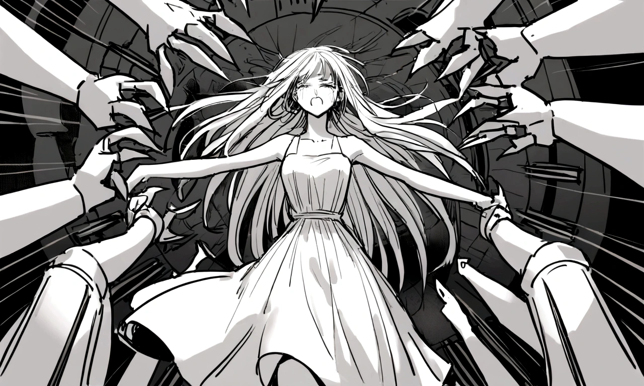 black and white drawing, Clockwork background with giant claws, mechanical tongs pull a woman, Woman&#39;s body being dragged by mechanical tongs, beautiful woman 1, white long straight hair, white hair, wearing a white dress, the wind blows strongly, crying expression, cry, shout, reject.