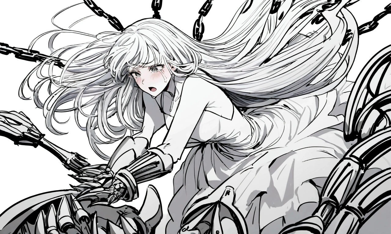 black and white drawing, Clockwork background with giant claws, mechanical tongs pull a woman, Woman&#39;s body being dragged by mechanical tongs, beautiful woman 1, white long straight hair, white hair, wearing a white dress, the wind blows strongly, crying expression, cry, shout, reject.