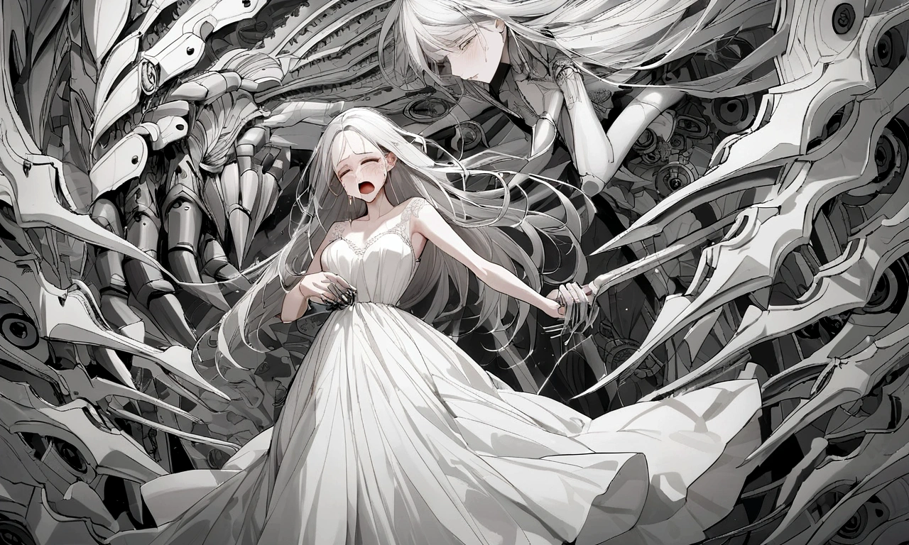 black and white drawing, Clockwork background with giant claws, mechanical tongs pull a woman, Woman&#39;s body being dragged by mechanical tongs, beautiful woman 1, white long straight hair, white hair, wearing a white dress, the wind blows strongly, crying expression, cry, shout, reject.