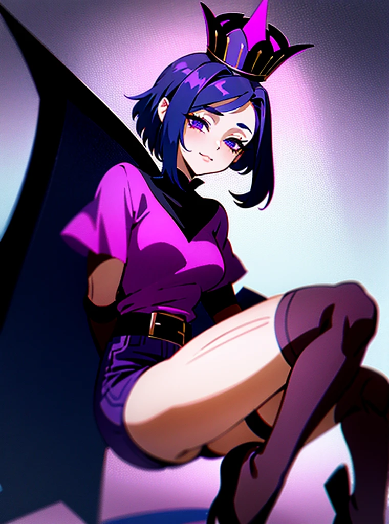 1 girl with short hair half dark blue and half dark purple, with a dark sports shirt, dark purple eyeliner, an infernal crown on her head, black shorts and heels, a cape, mesh stockings, long ones, delicious, with black and purple marks on the skin, sit down