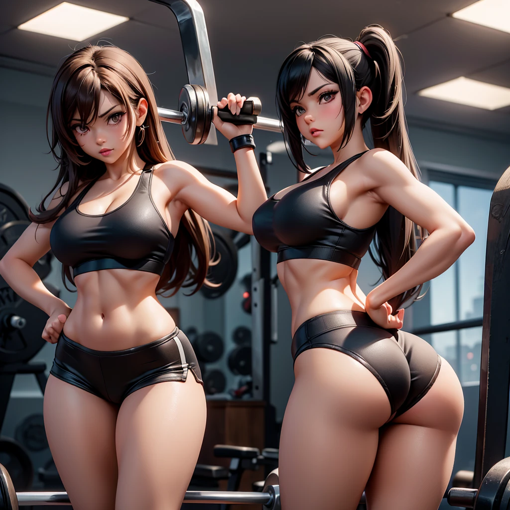 Tifa in sexy mini shorts and sports bra, doing bent over deadlifts, on her back, showing her perfect pussy, looking in the gym mirror, perspiring, showing you round, sexy and very well-shaped buttocks facing the camera, high resolution, ultra HD , detailled image.
