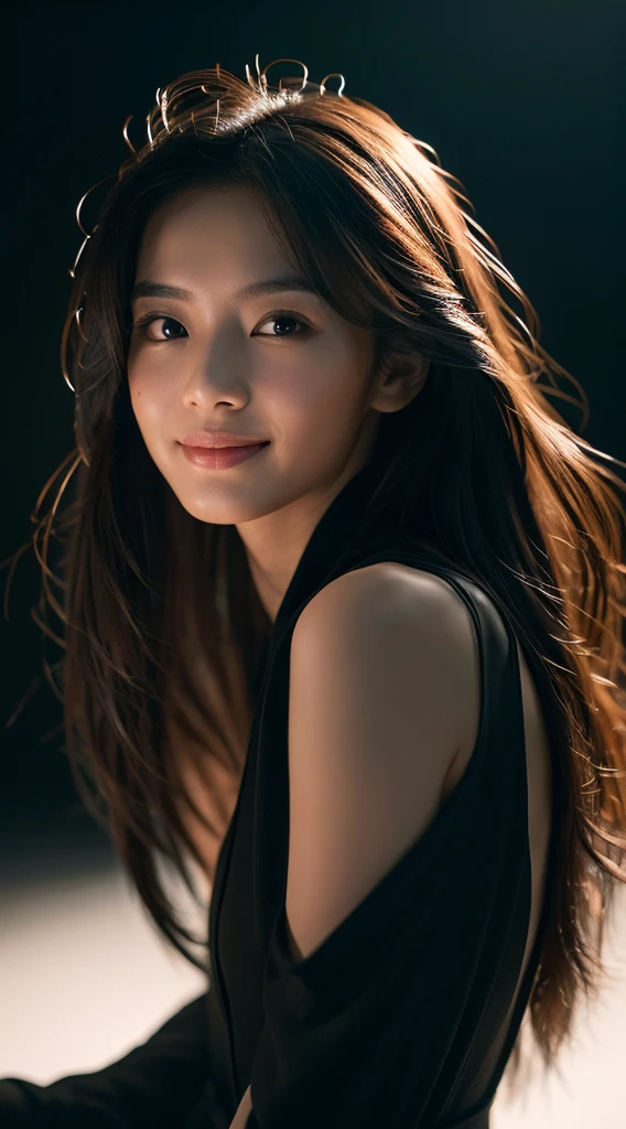 21才の日本人woman、slim、Fashion Model、Highest quality, Spectacular and realistic, ((in the pitch black darkness :1.4)), ((Portraiture:1.5)),(background: dark ) High Contrast ,素晴らしいphotograph, Minimum Lux, lighting face, she's comfortable, Loungewear, It is wonderful, (8K, RAWphotograph, Highest quality),(Spectacular and realistic:1.5), woman, debtace,(Fine grain:0.8),(Looking into the camera:1.4), (Highest quality), ( High Contrast, Deep Shadow),Intricate details,Cinematic,((skin:1.4)), (long dark hair:1.3), Long Hair, Messy ,(High resolution:1.5),detailed, color, Superior Quality, masterpiece, RAWphotograph (20-year-old, View your viewers), beautidebtul, (無地の黄colorいシャツを着ている,), perfect, nature, perfect composition, Portraiture, perfect face, smile expression, Captivating eyes, Bright details, Keep your mouth shut, (skinのディテールが高い),, (Bluish: 0.6), (Sale: 0.8), (Bloodstained: 0.7), Key lighting , (Backlight: 0.5), Medium depth odebt debtield, Canon 5D, 50mm lens, debt/4 openings, (超detailed, 複雑なdetailed), sharp focus, soft color, 8K, Absurd, 80mm, dark background, photograph, smile, Moderate ,