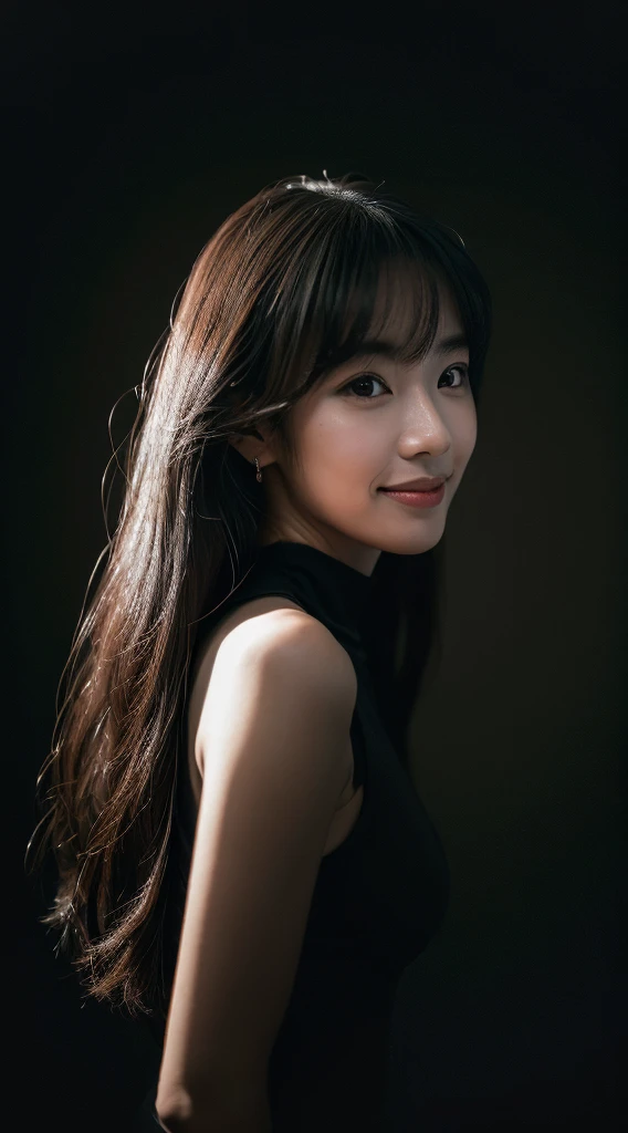 21才の日本人woman、slim、Fashion Model、Highest quality, Spectacular and realistic, ((in the pitch black darkness :1.4)), ((Portraiture:1.5)),(background: dark ) High Contrast ,素晴らしいphotograph, Minimum Lux, lighting face, she's comfortable, Loungewear, It is wonderful, (8K, RAWphotograph, Highest quality),(Spectacular and realistic:1.5), woman, debtace,(Fine grain:0.8),(Looking into the camera:1.4), (Highest quality), ( High Contrast, Deep Shadow),Intricate details,Cinematic,((skin:1.4)), (long dark hair:1.3), Long Hair, Messy ,(High resolution:1.5),detailed, color, Superior Quality, masterpiece, RAWphotograph (20-year-old, View your viewers), beautidebtul, (無地の黄colorいシャツを着ている,), perfect, nature, perfect composition, Portraiture, perfect face, smile expression, Captivating eyes, Bright details, Keep your mouth shut, (skinのディテールが高い),, (Bluish: 0.6), (Sale: 0.8), (Bloodstained: 0.7), Key lighting , (Backlight: 0.5), Medium depth odebt debtield, Canon 5D, 50mm lens, debt/4 openings, (超detailed, 複雑なdetailed), sharp focus, soft color, 8K, Absurd, 80mm, dark background, photograph, smile, Moderate ,