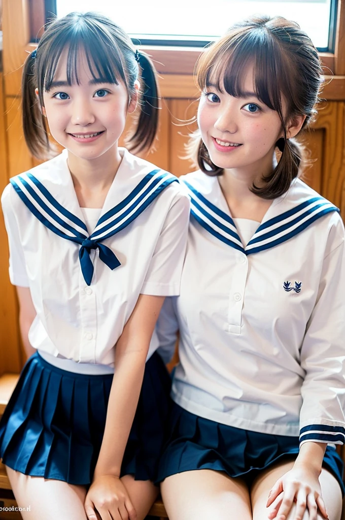 2 girls in wooden school classroom,white sailor shirt,white panties,18-year-old,bangs,a little smile,thighs,knees,short hair with low pigtails bunches,from below,front light