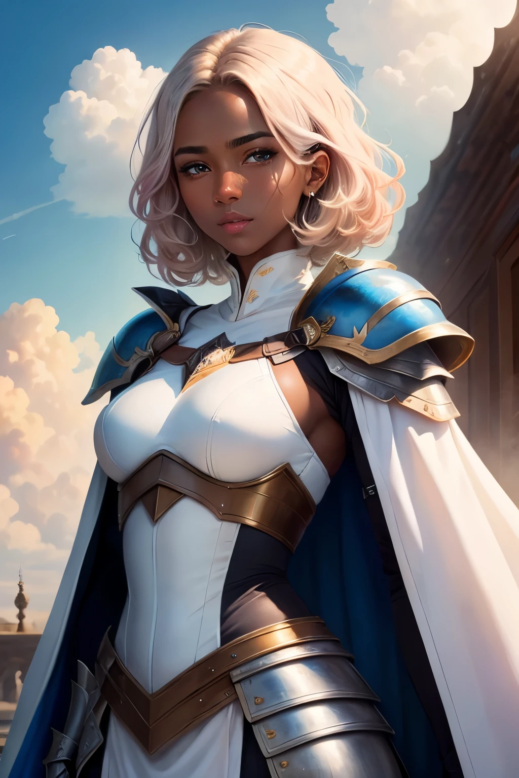 ((best qualityer)), ((work of art)), (detailded), 8K, 4K, hight contrast, work of art, , (centralized), ((1womanl)),(dark skin color) Super detailded, lindo rosto detailded, lindos olhos detaildeds, beautiful detailed mouth, light pink hair, short brown hair , wavy brown hair , blue colored eyes, white medieval armor with metallic details,  shoulderpads, long white cape, white gauntlets, white gloves calm facial expression, standing upright, gazing at viewer, centred, Above clouds with clear skies, clear lighting, detailed shadows 