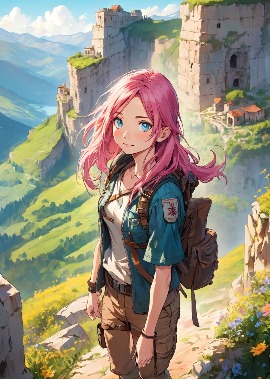 Absurd, High resolution, Super detailed, 1 Female, Long pink hair, Adventurer, Courageous, blue eyes, Explorer Hut, leather jacket, Light brown cargo pants, Hiking boots, Have a map, Standing on the edge of a steep cliff, Lush green mountains in the background々, Clear blue sky, Ancient ruins beneath, With a backpack, Binoculars hanging from the neck, Surrounded by wildflowers, The sunlight shining on her face, Her expression showed determination and surprise..