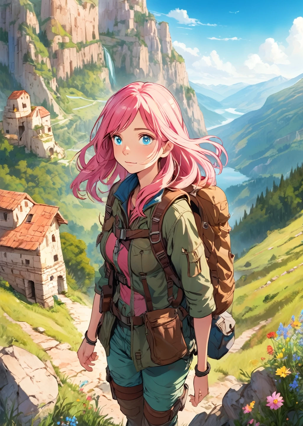 Absurd, High resolution, Super detailed, 1 Female, Long pink hair, Adventurer, Courageous, blue eyes, Explorer Hut, leather jacket, Light brown cargo pants, Hiking boots, Have a map, Standing on the edge of a steep cliff, Lush green mountains in the background々, Clear blue sky, Ancient ruins beneath, With a backpack, Binoculars hanging from the neck, Surrounded by wildflowers, The sunlight shining on her face, Her expression showed determination and surprise..