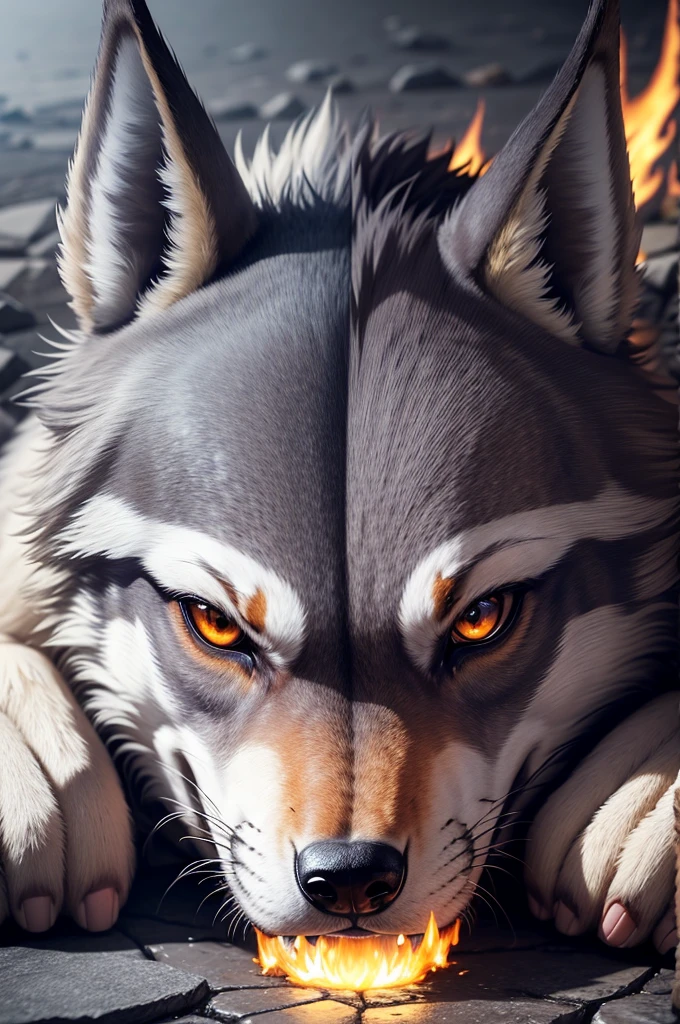 (Extremely detailed wallpaper of a wolf completely on fire in 8k),(work of art), (best qualityer), (ultra detali), (Best illustration),(melhor ombre), (ombre, detailedeyes:1.1), (stone floor background in burning mountain:1.2), ,break , mod3, to use as a profile, angry expression and growling, no blue fire, show image background, without human hands