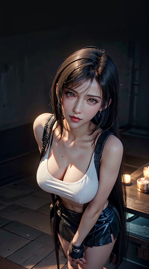 Trends on ArtStation, Trends on CGSociety, Intricate, High Detail, Sharp Focus, Dramatic, starry night sky, Tifa Lockheart of Final Fantasy, Tifa's original Final fantasy 7 costume, 25 years old, mature looking, Realistic Art of Drawing by Midjourney and Greg Rutkowski, Sketch, Masterpiece, Best Quality, Very Detailed, 1female, Half-body, head to bust image scope, buts portrait, close-up shot, white tank top and black leather skirt, standing position, Beautiful Meticulous Eyes, Cute Face, Bust, big bossoms, Beautiful Meticulous Face, White Hair, (Botanical Illustration: 1.5), no pornographical exposure, bigger breasts