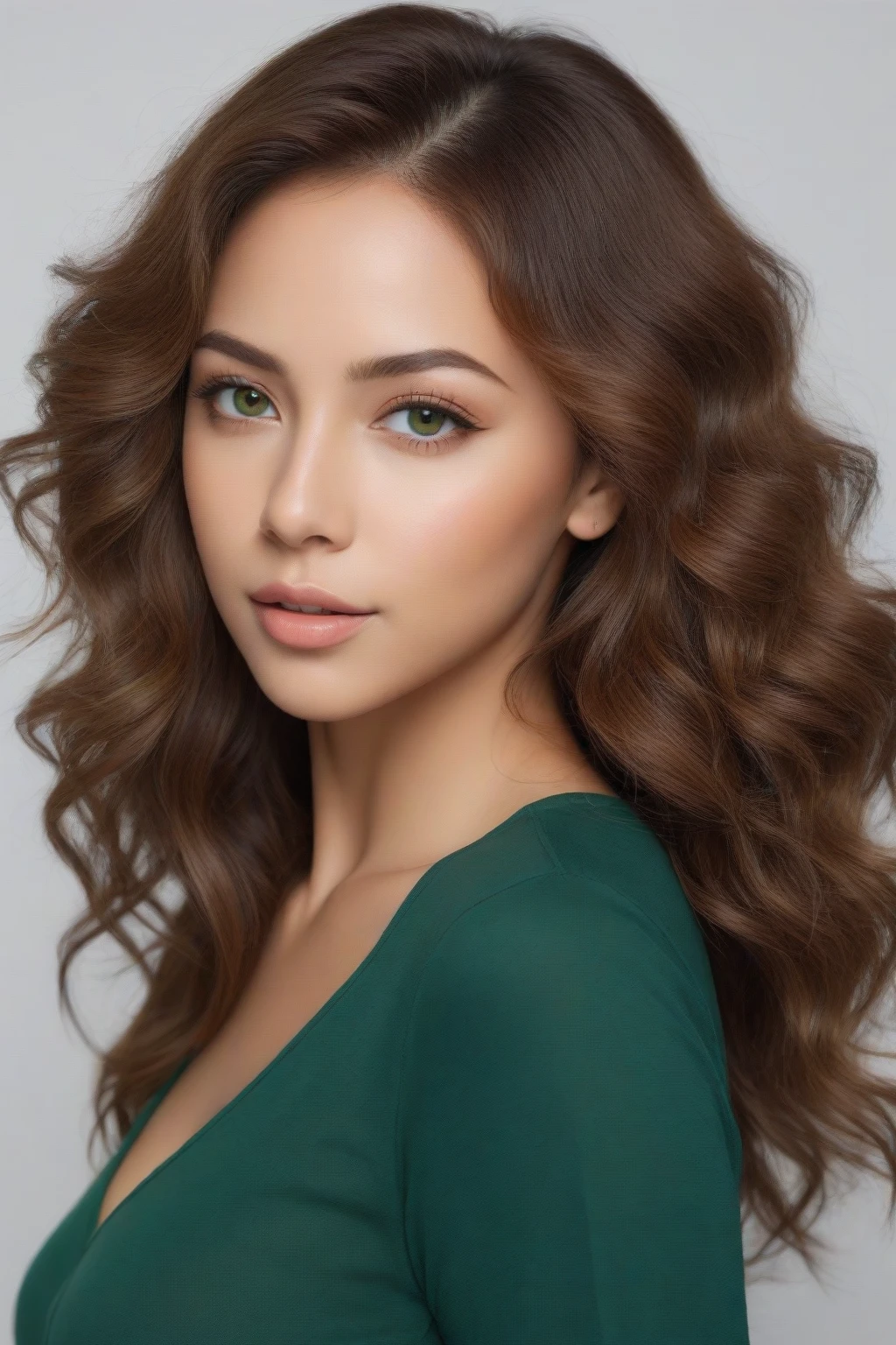 Photo real portrait of a woman 28 years old light skin, much more realistic, real, bright green eyes, beautiful face, sharpness, light brown curly hair, with Thai and Brazilian origins, sexy realistic