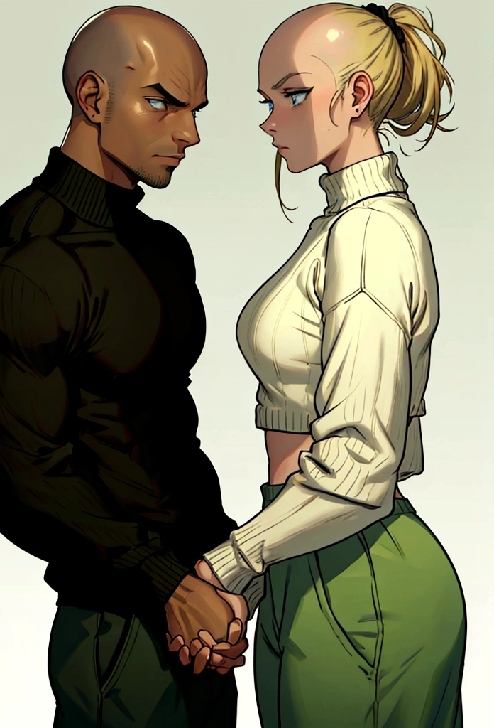 bald man wearing black wife beater and sweatpants with brown eyes and serious face holding hands with a girl that has a blonde ponytail and blue eyes with a dark green turtleneck sweater cute expression