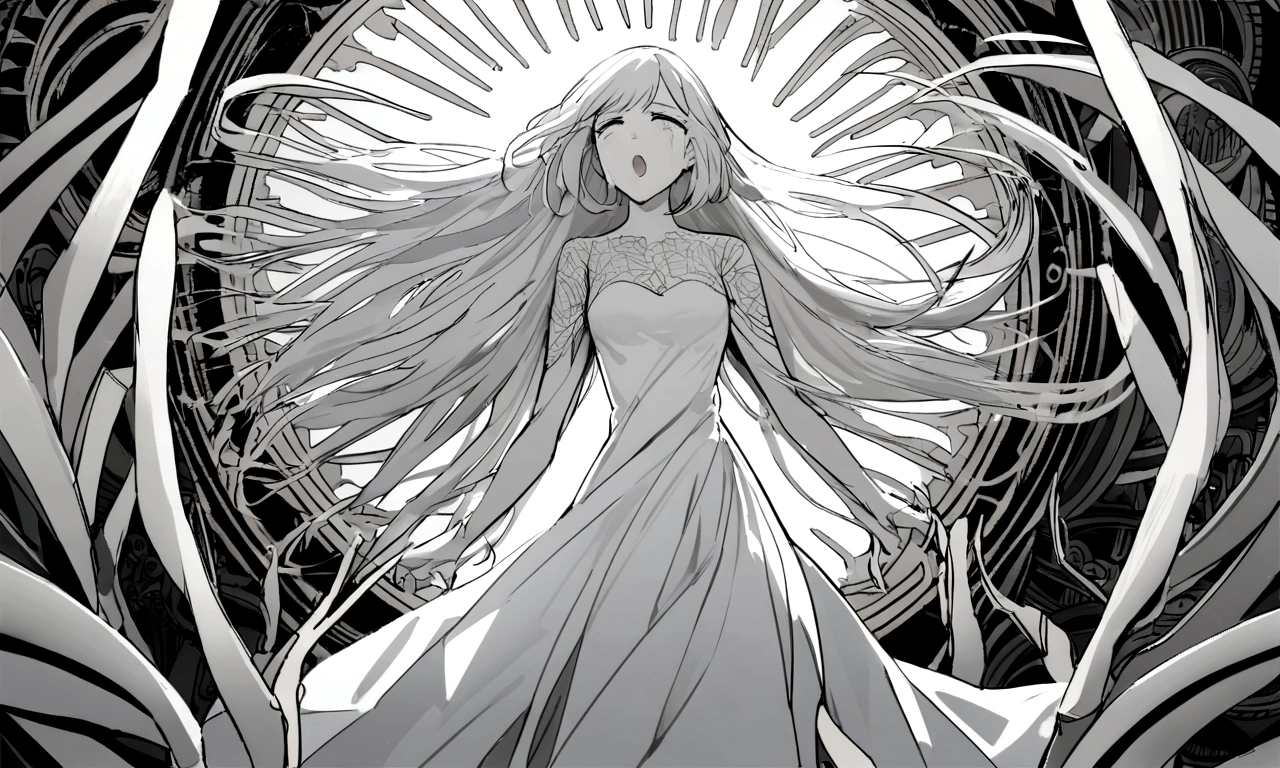 black and white drawing, Clockwork background with giant claws, mechanical tongs pull a woman, Woman&#39;s body being dragged by mechanical tongs, beautiful woman 1, white long straight hair, white hair, wearing a white dress, the wind blows strongly, crying expression, cry, shout, reject.
