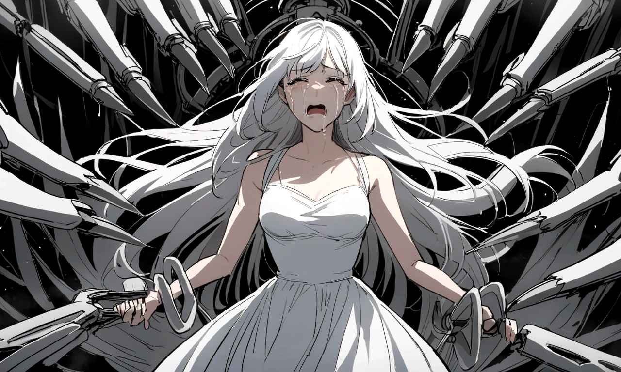 black and white drawing, Clockwork background with giant claws, mechanical tongs pull a woman, Woman's body being dragged by mechanical tongs, beautiful woman 1, white long straight hair, white hair, wearing a white dress, the wind blows strongly, crying expression, cry, shout, reject.