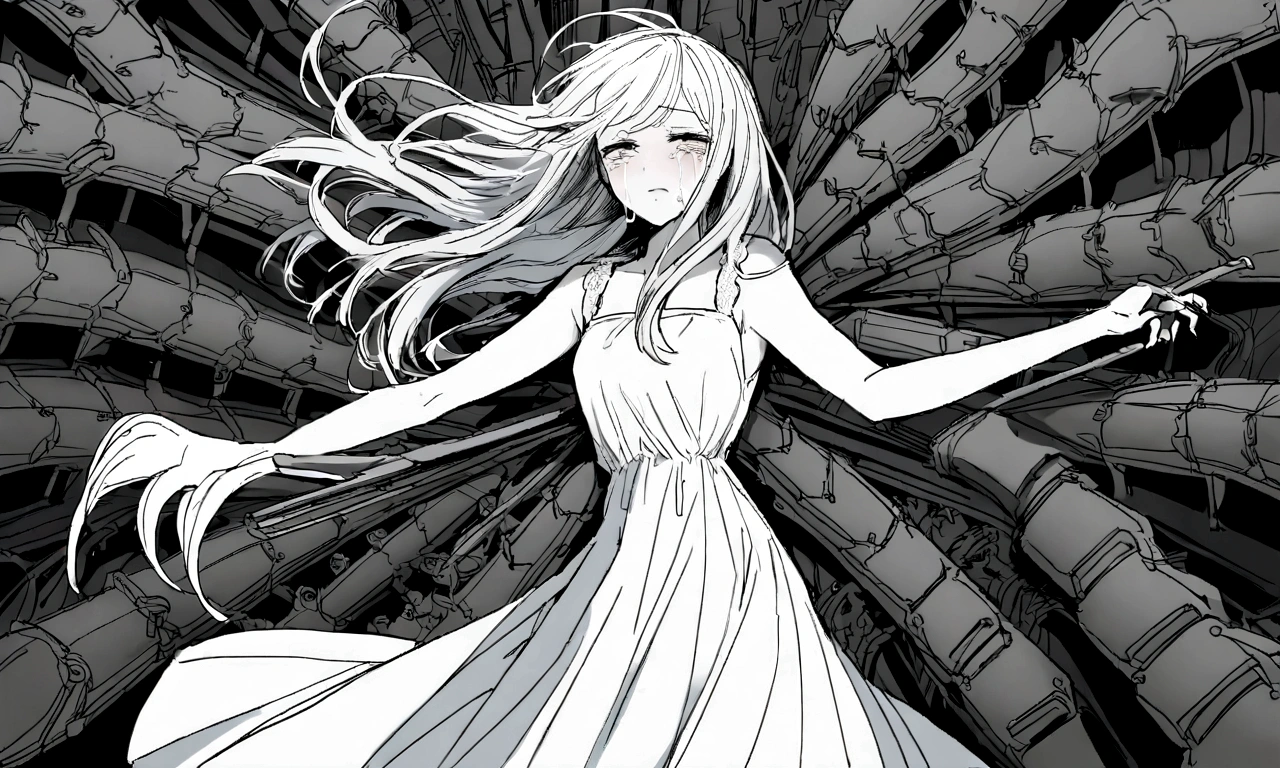 black and white drawing, Clockwork background with giant claws, mechanical tongs pull a woman, Woman&#39;s body being dragged by mechanical tongs, beautiful woman 1, white long straight hair, white hair, wearing a white dress, the wind blows strongly, crying expression, cry, shout, reject.