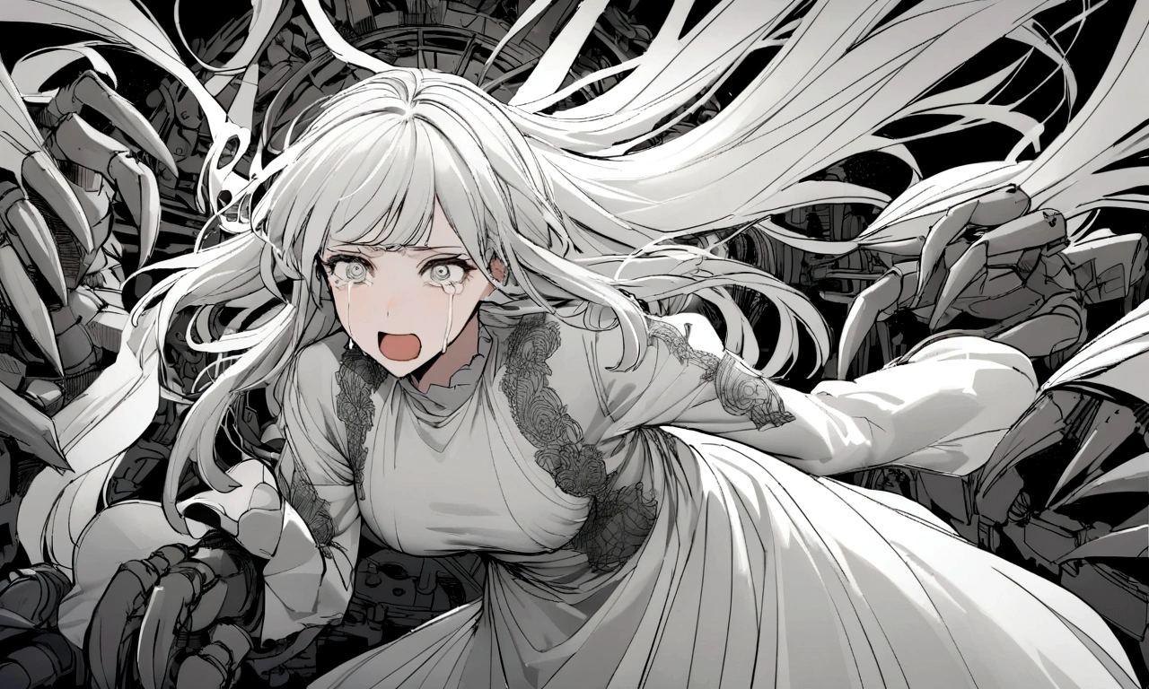 black and white drawing, Clockwork background with giant claws, mechanical tongs pull a woman, Woman&#39;s body being dragged by mechanical tongs, beautiful woman 1, white long straight hair, white hair, wearing a white dress, the wind blows strongly, crying expression, cry, shout, reject.