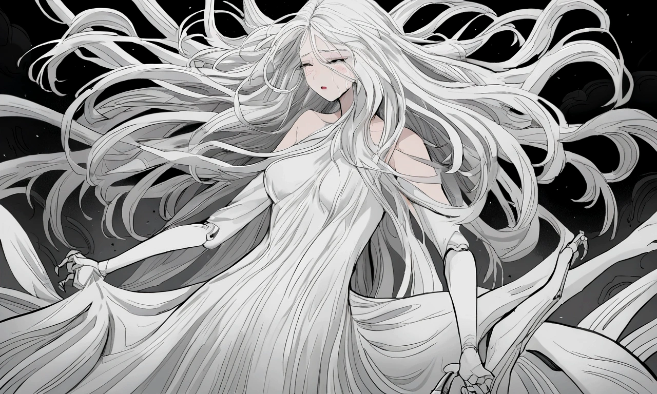 black and white drawing, Clockwork background with giant claws, mechanical tongs pull a woman, Woman&#39;s body being dragged by mechanical tongs, beautiful woman 1, white long straight hair, white hair, wearing a white dress, the wind blows strongly, crying expression, cry, shout, reject.