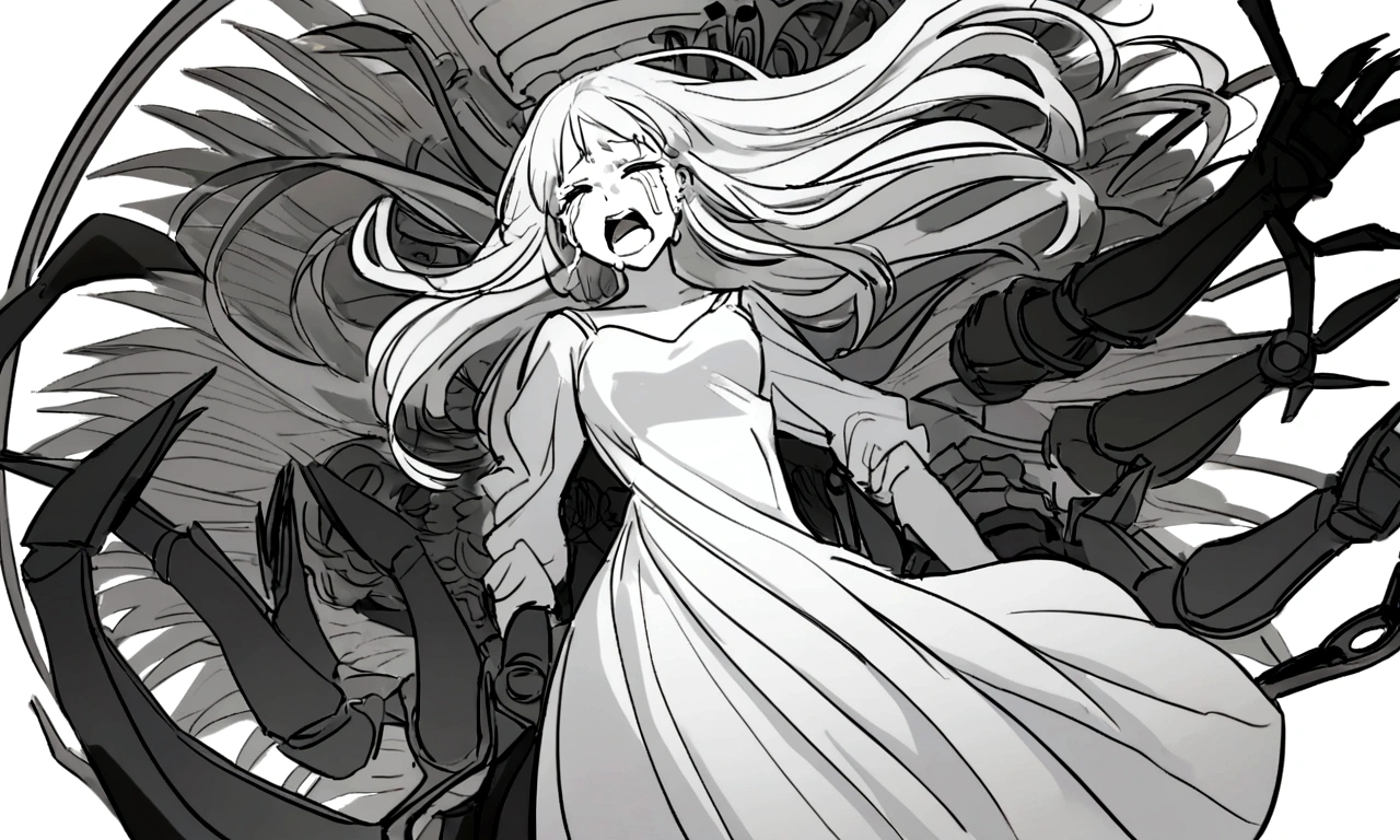 black and white drawing, Clockwork background with giant claws, mechanical tongs pull a woman, Woman&#39;s body being dragged by mechanical tongs, beautiful woman 1, white long straight hair, white hair, wearing a white dress, the wind blows strongly, crying expression, cry, shout, reject.