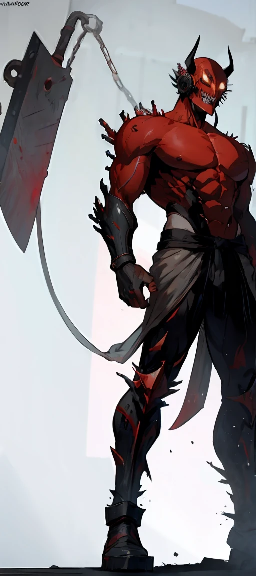 A demon from the anime Chainsaw Man, It has a hybrid hammer head, Warhammer Head, he has a gray muscular body, wearing no shirt, fully body, black hands, and look fierce, Human lips, bonitas, handsome, simple background.