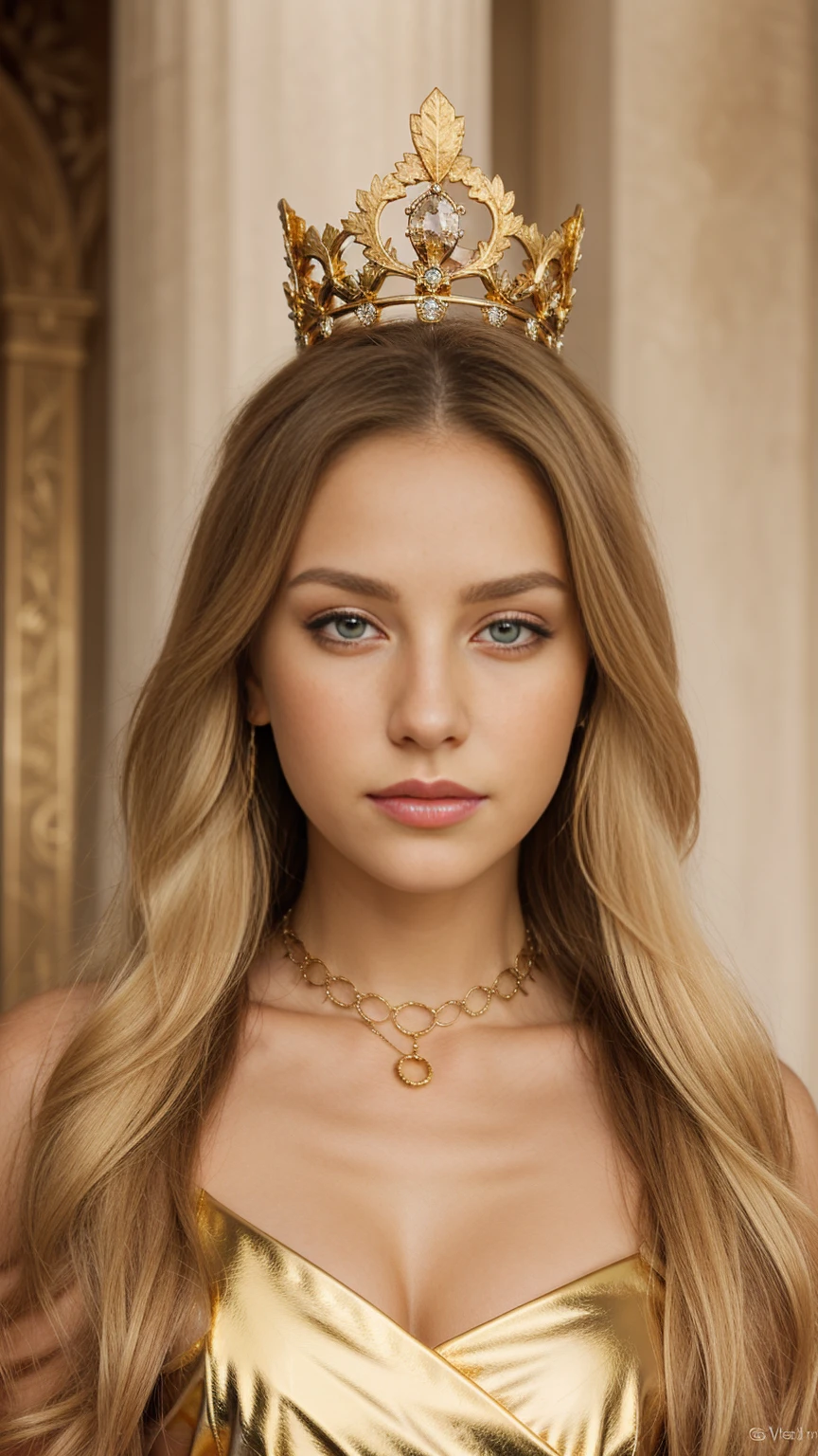 Goddess, tribal, blonde hair, Devine, brown eyes , mystical eyes, queen, gold Jewllery, queen,