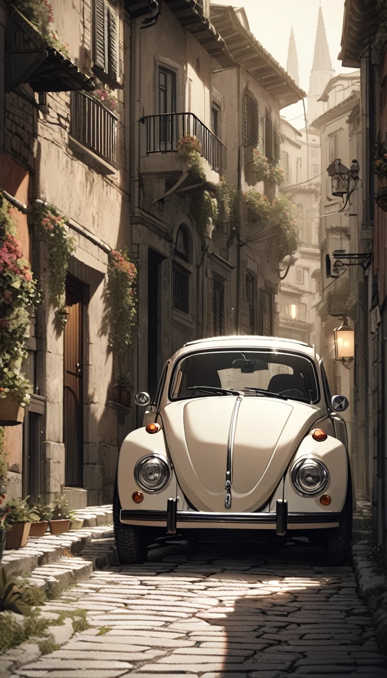 a detailed street in an italian village, classic vintage volkswagen beetle car parked, narrow stone paved streets, old colorful houses, laundry hanging between buildings, detailed architecture, intricate cobblestone paths, warm lighting, cinematic atmosphere, muted color palette, rich textures, vibrant colors, dramatic lighting