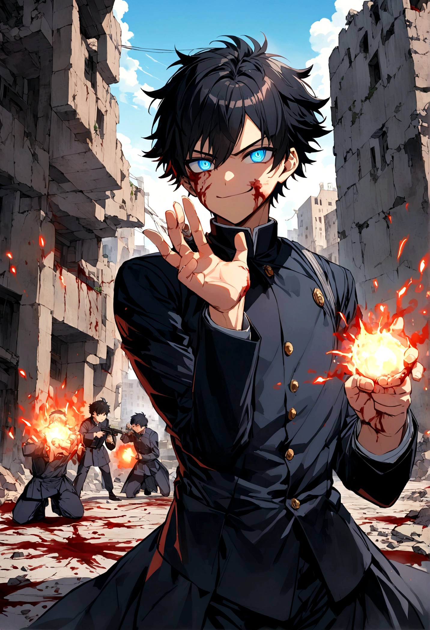 Anime boy who has Black hair with glowing blue eyes that looks like gojo's eyes wearing Jujutsu high uniform charging a red glowing blast above his 2 fingers as he forms a gun hand sign while smirking with his mouth opened as his eyes glowing blue and wide opened looks so rare background city ruins his face was covered with blood and he has some body injuries as he's about to shoot the red blast in a fighting scene