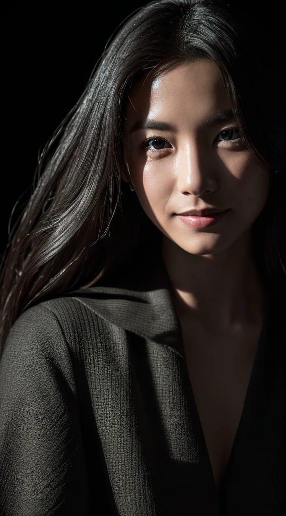 21才の日本人woman、slim、Fashion Model、Highest quality, Spectacular and realistic, ((in the pitch black darkness :1.4)), ((Portraiture:1.5)),(background: dark ) High Contrast ,素晴らしいphotograph, Minimum Lux, lighting face, she's comfortable, Loungewear, It is wonderful, (8K, RAWphotograph, Highest quality),(Spectacular and realistic:1.5), woman, debtace,(Fine grain:0.8),(Looking into the camera:1.4), (Highest quality), ( High Contrast, Deep Shadow),Intricate details,Cinematic,((skin:1.4)), (long dark hair:1.3), Long Hair, Messy ,(High resolution:1.5),detailed, color, Superior Quality, masterpiece, RAWphotograph (20-year-old, View your viewers), beautidebtul, (無地の黄colorいシャツを着ている,), perfect, nature, perfect composition, Portraiture, perfect face, smile expression, Captivating eyes, Bright details, Keep your mouth shut, (skinのディテールが高い),, (Bluish: 0.6), (Sale: 0.8), (Bloodstained: 0.7), Key lighting , (Backlight: 0.5), Medium depth odebt debtield, Canon 5D, 50mm lens, debt/4 openings, (超detailed, 複雑なdetailed), sharp focus, soft color, 8K, Absurd, 80mm, dark background, photograph, smile, Moderate ,