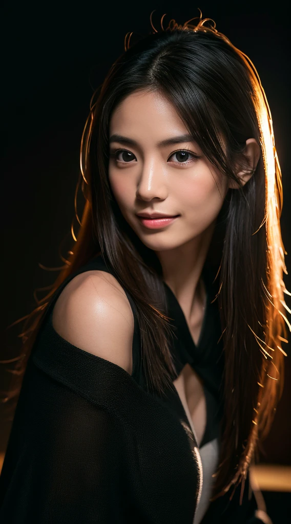 21才の日本人woman、slim、Fashion Model、Highest quality, Spectacular and realistic, ((in the pitch black darkness :1.4)), ((Portraiture:1.5)),(background: dark ) High Contrast ,素晴らしいphotograph, Minimum Lux, lighting face, she's comfortable, Loungewear, It is wonderful, (8K, RAWphotograph, Highest quality),(Spectacular and realistic:1.5), woman, debtace,(Fine grain:0.8),(Looking into the camera:1.4), (Highest quality), ( High Contrast, Deep Shadow),Intricate details,Cinematic,((skin:1.4)), (long dark hair:1.3), Long Hair, Messy ,(High resolution:1.5),detailed, color, Superior Quality, masterpiece, RAWphotograph (20-year-old, View your viewers), beautidebtul, (無地の黄colorいシャツを着ている,), perfect, nature, perfect composition, Portraiture, perfect face, smile expression, Captivating eyes, Bright details, Keep your mouth shut, (skinのディテールが高い),, (Bluish: 0.6), (Sale: 0.8), (Bloodstained: 0.7), Key lighting , (Backlight: 0.5), Medium depth odebt debtield, Canon 5D, 50mm lens, debt/4 openings, (超detailed, 複雑なdetailed), sharp focus, soft color, 8K, Absurd, 80mm, dark background, photograph, smile, Moderate ,