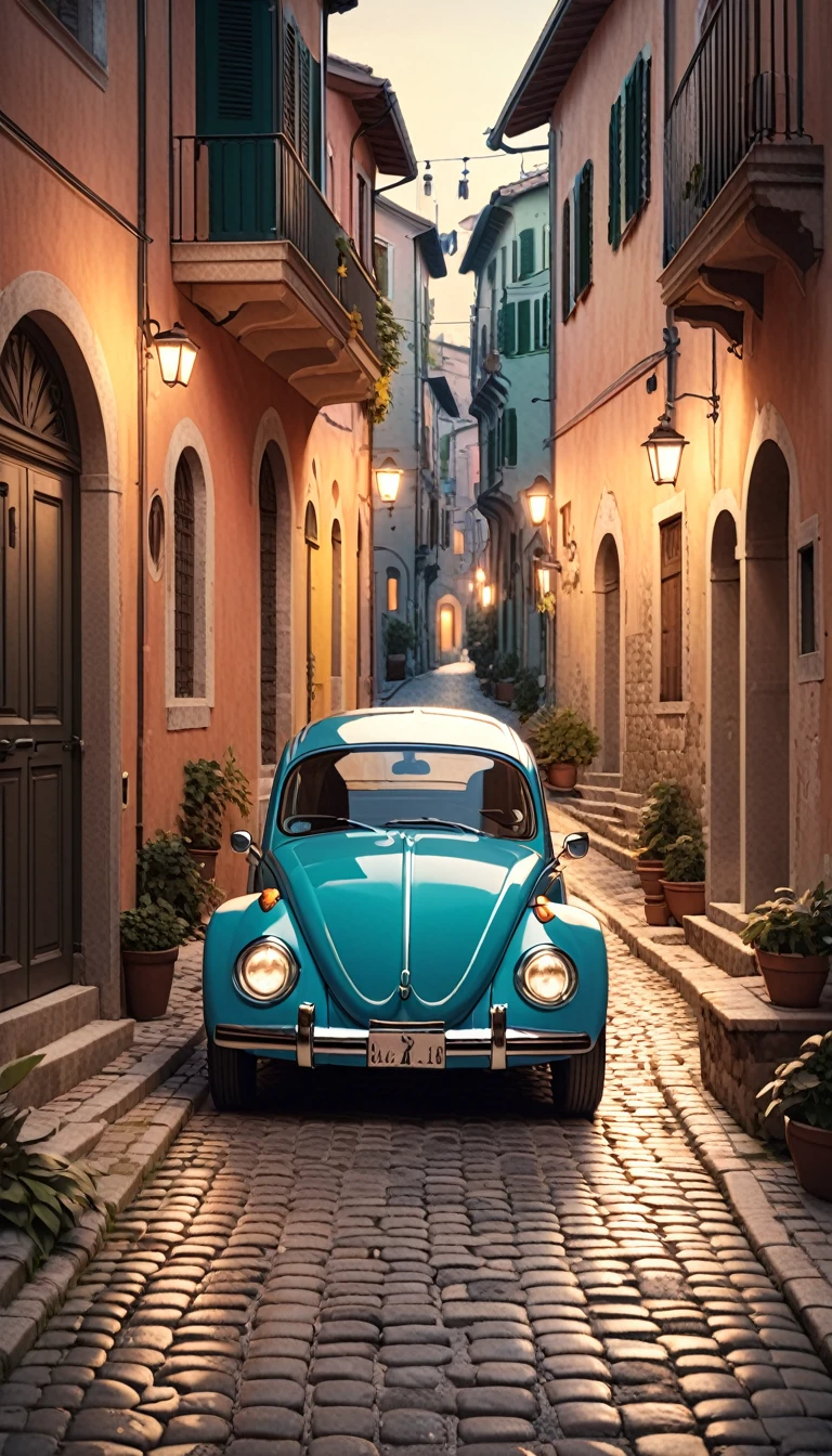 a detailed street in an italian village, classic vintage volkswagen beetle car parked, narrow stone paved streets, old colorful houses, laundry hanging between buildings, detailed architecture, intricate cobblestone paths, warm lighting, cinematic atmosphere, muted color palette, rich textures,  vibrant colors, dramatic lighting