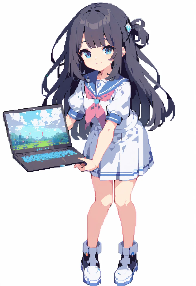 Pixel Art, An anime-style young girl with short bluely black hair, large blue eyes, a plain white long T-shirt sailor uniform reaching to her knees, standing straight, holding a laptop PC, smiling, electronic near-future vibe, blank white background.