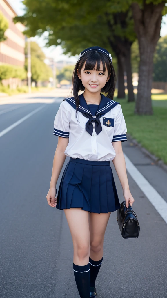 masterpiece, best quality, ultra-detailed, nsfw, simple_background, 1girl, solo, cowboy shot, black eyes, (tsurime), (((smile))),black hair, (((school uniform))),(((sailor suit))), (((cleft of venus))), (((younger))),  (blunt bangs), (short stature),  ((((bottomless)))),(((No panties))),(bow tie),(student bag), ((walk on the road))