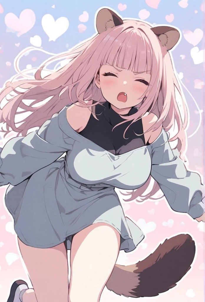 anime,(pale colors:1.8),long shot, 1girl, (on right:1.3), full body, solo, pout, bad mood, closed eyes, dynamic angle, jumping high, fang, light pink hair, long hair, straight hair, racoon ears, racoon tail, (brown streaked hair:1.3), side braid, (blunt bangs) ,thick eyebrows, big breast, off shoulder clothes, cutout, heart background, shadow,