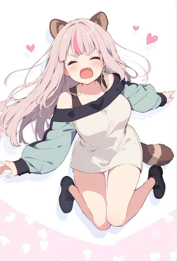 anime,(pale colors:1.8),long shot, 1girl, (on right:1.3), full body, solo, pout, bad mood, closed eyes, dynamic angle, jumping high, fang, light pink hair, long hair, straight hair, racoon ears, racoon tail, (brown streaked hair:1.3), side braid, (blunt bangs) ,thick eyebrows, big breast, off shoulder clothes, cutout, heart background, shadow,