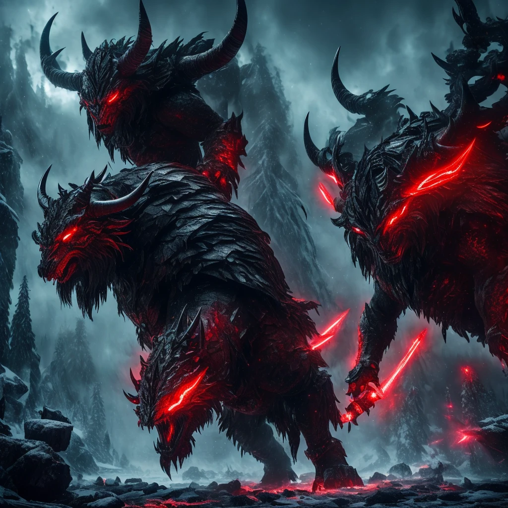a giant beastly creature, humanoid creature with horns, neon red eyes, icy forest landscape, warrior facing the creature, warrior with a long sword, dark starry sky, (best quality,8k,ultra-detailed,vivid colors,realistic,masterpiece:1.2), dark fantasy, dramatic lighting, cinematic composition, wide angle, wide view