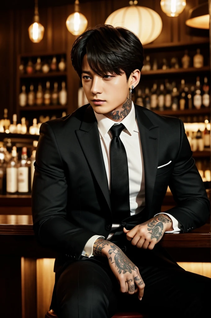 Jeon Jungkook mafia boss, tattooed, muscular, black hair, high, sitting in a bar in a suit 