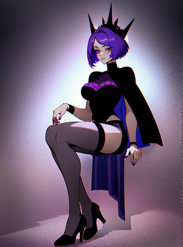 1 girl with short hair half dark blue and half dark purple, with a dark sports shirt, dark purple eyeliner, an infernal crown on her head, black shorts and heels, a cape, mesh stockings, long ones, delicious, with black and purple marks on the skin, sit down