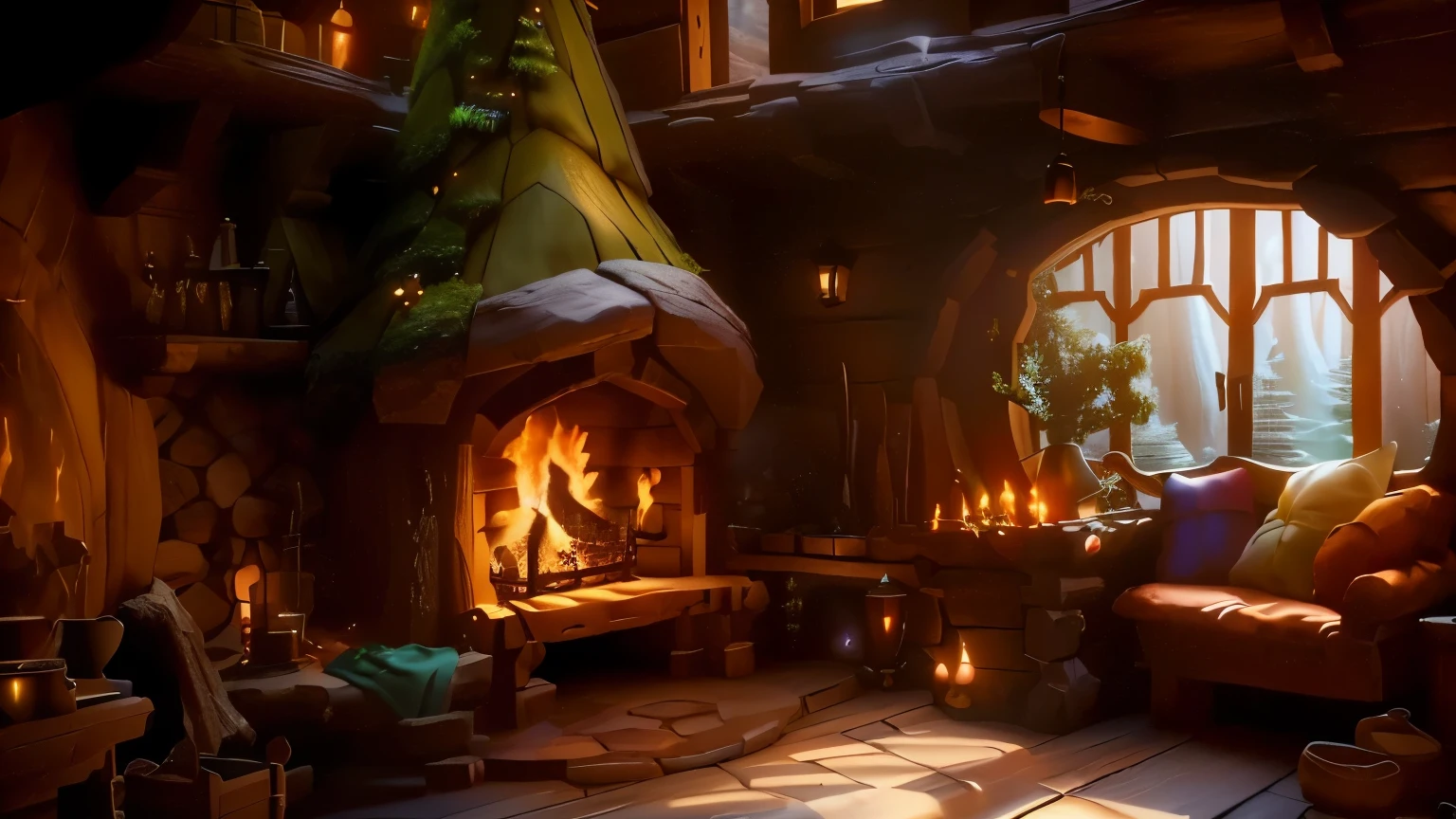 there is a fireplace in a room with lots of wood, in the fantasy tavern by the fireplace, a multidimensional cozy tavern, FantasyStyle 8 k octane rendering, cozy enchanted scene, in your hobbit house, (octane rendering) FantasyStyle, cozy place, 3D stylized scene, cozy envirnment, fantasy tavern background, inside a hobbit hole, detailed textures and lighting