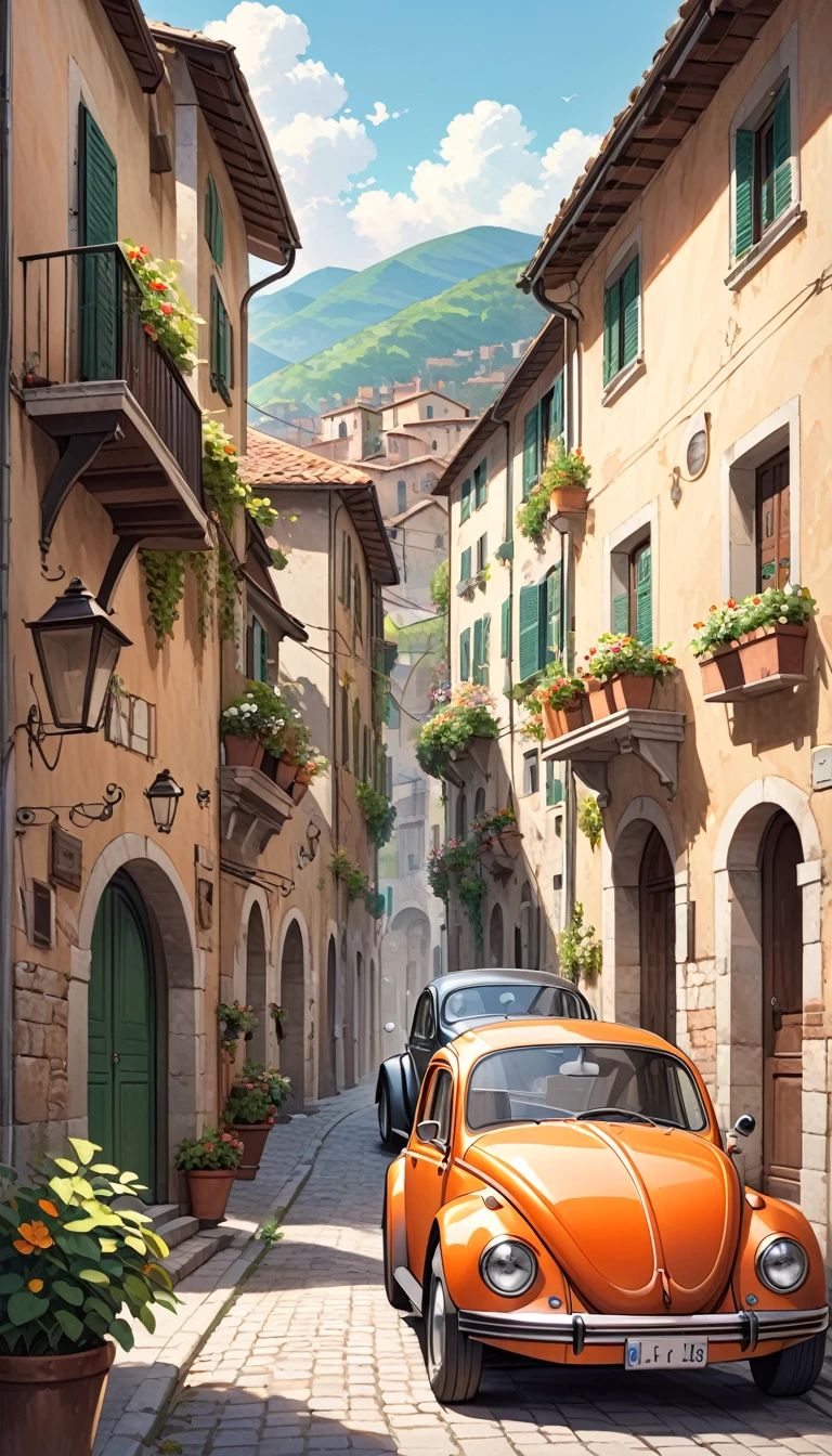 street of an Italian village, classic car Beetle parked, percious streets and old houses, clothes hanging, many details,
