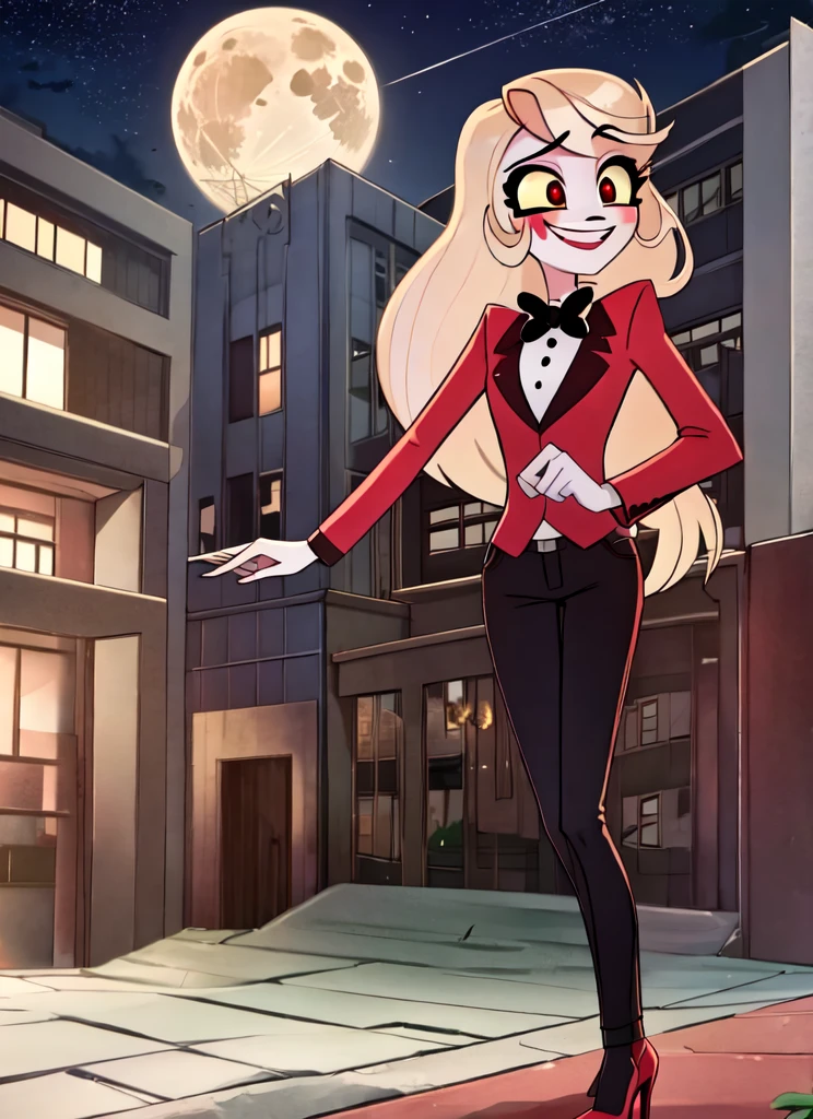 ((best quality)), ((highly detailed)), absurdres, (detailed eyes, deep eyes), (1girl), dynamic pose, cowboy shot, charlie morningstar, blonde hair, very long hair, red eyes, (colored sclera), medium breasts, smiling, red jacket, black bowtie, red pants, high heels, white footwear, (outside, at a school, building, midnight, night sky, stars, full moon, shooting star)