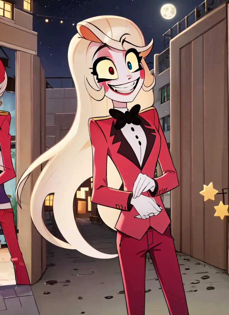 ((best quality)), ((highly detailed)), absurdres, (detailed eyes, deep eyes), (1girl), dynamic pose, cowboy shot, charlie morningstar, blonde hair, very long hair, red eyes, (colored sclera), medium breasts, smiling, red jacket, black bowtie, red pants, high heels, white footwear, (outside, at a school, building, midnight, night sky, stars, full moon, shooting star)