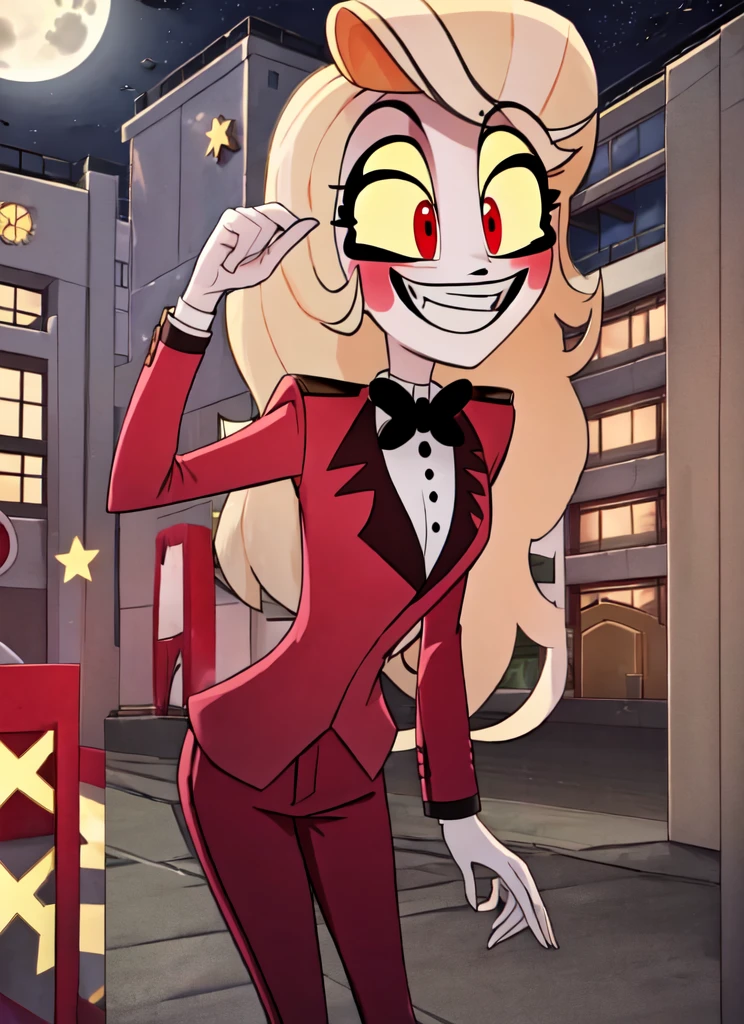 ((best quality)), ((highly detailed)), absurdres, (detailed eyes, deep eyes), (1girl), dynamic pose, cowboy shot, charlie morningstar, blonde hair, very long hair, red eyes, (colored sclera), medium breasts, smiling, red jacket, black bowtie, red pants, high heels, white footwear, (outside, at a school, building, midnight, night sky, stars, full moon, shooting star)
