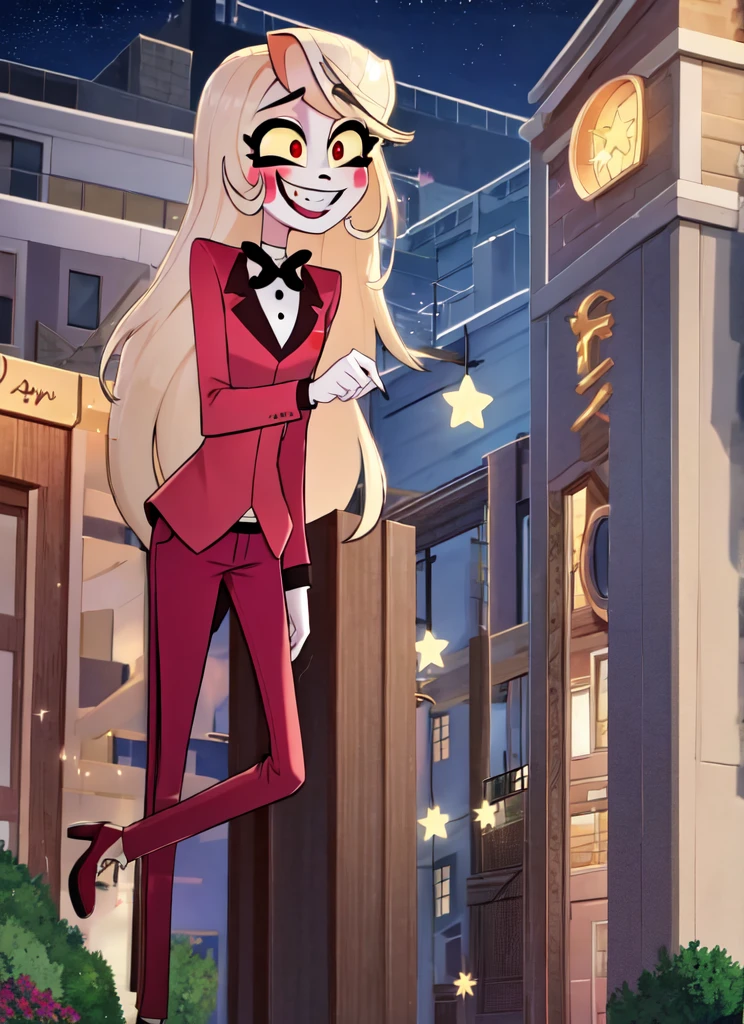 ((best quality)), ((highly detailed)), absurdres, (detailed eyes, deep eyes), (1girl), dynamic pose, cowboy shot, charlie morningstar, blonde hair, very long hair, red eyes, (colored sclera), medium breasts, smiling, red jacket, black bowtie, red pants, high heels, white footwear, (outside, at a school, building, midnight, night sky, stars, full moon, shooting star)