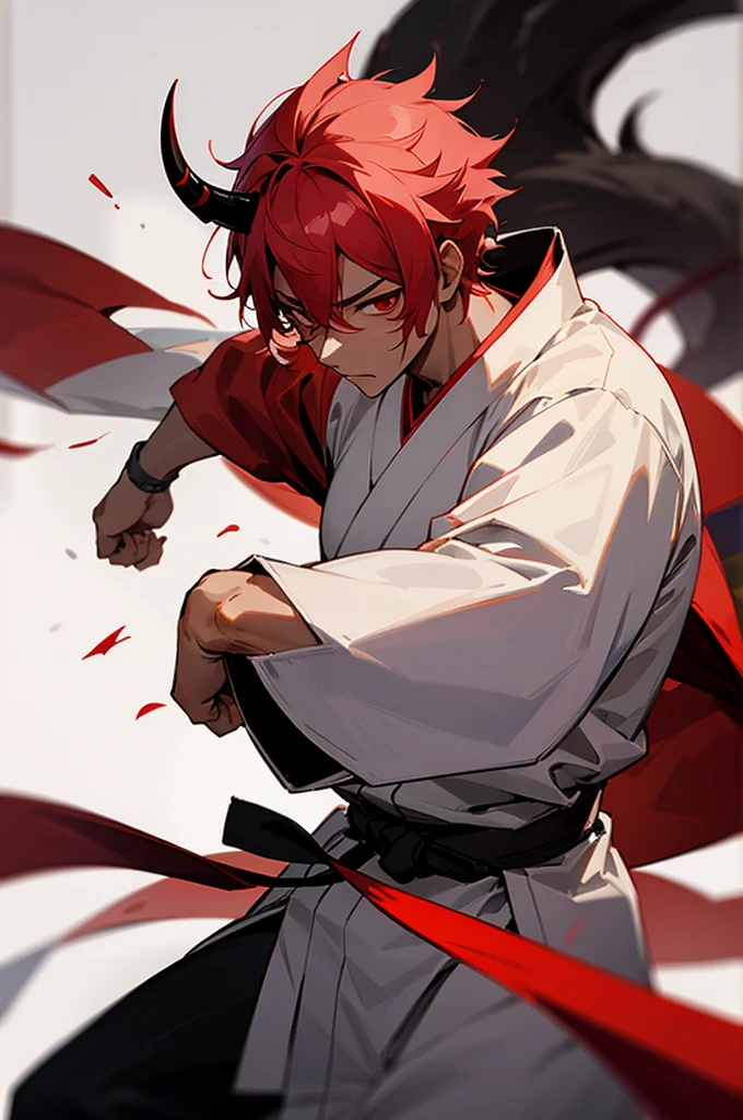 Haori, male, Demon, demon skin color, Aura, Temple Background, martial artist gi