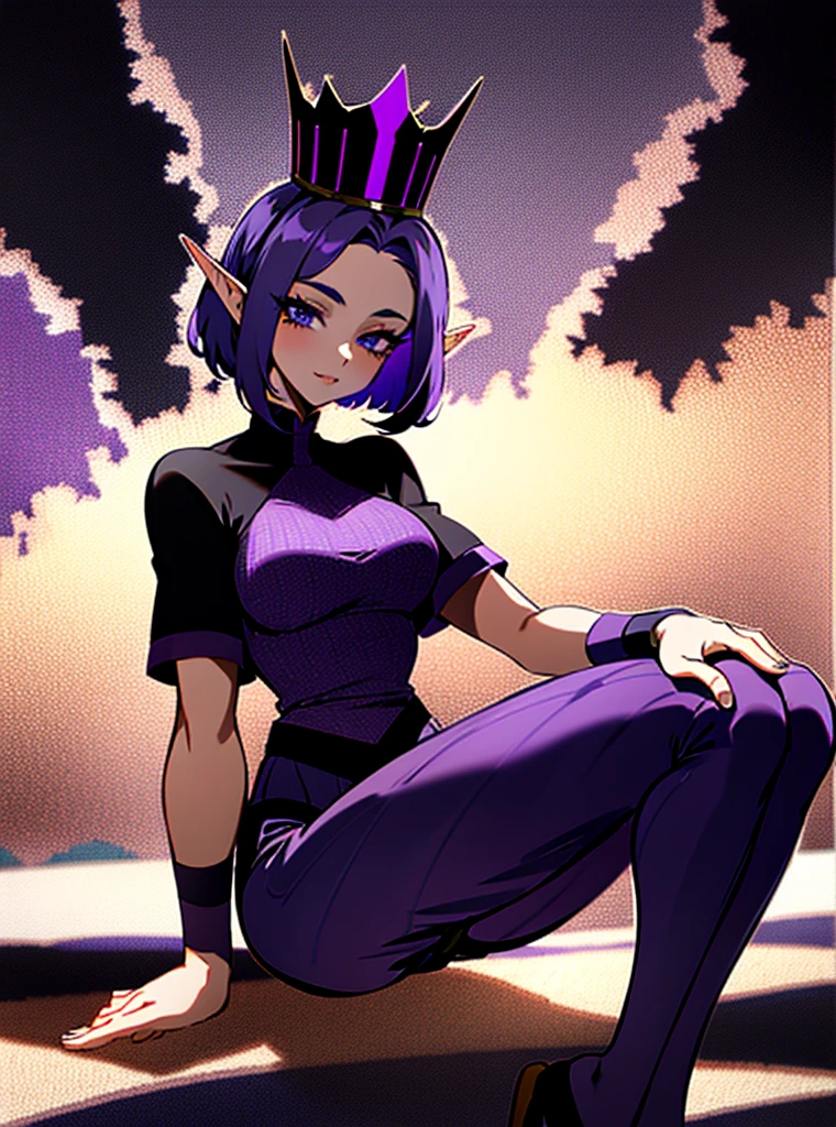 1 girl with short hair half dark blue and half dark purple, elf, with a dark sports shirt, dark purple eyeliner, an infernal crown on her head, black shorts and heels, a cape, mesh stockings, long ones, delicious, with black and purple marks on the skin, sit down