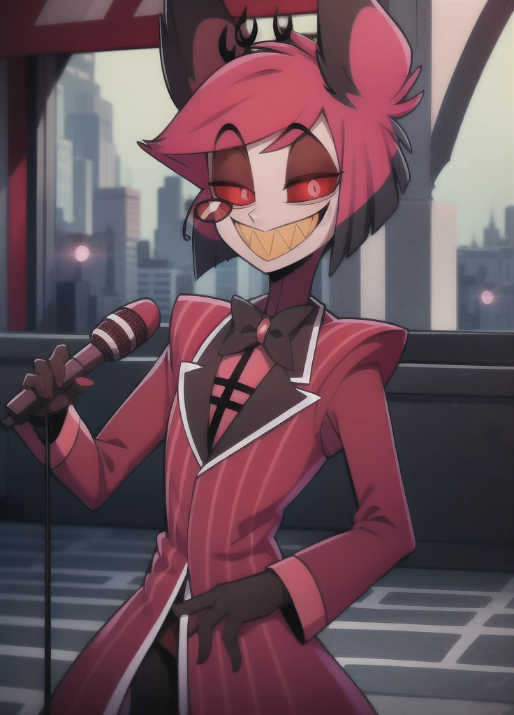 masterpiece, best quality, outdoors, building, looking at viewer, ((scarlet sky:1.3)), standing, city, cityscape, street, beautiful lighting, RAW photo, 8k uhd, colorful,
masterpiece, best quality, bowtie, jacket, monocle, microphone, suit, 1boy, solo, animal ears, sharp teeth, red eyes, teeth, bow, smile, looking at viewer, slit pupils, red hair, grin, multicolored hair, red sclera, holding microphone, dark background, terror theme
at night,darkness,(no light:1.4),(glowing eyes:1.2), ((SCARLET EYES)), ((red eyes),